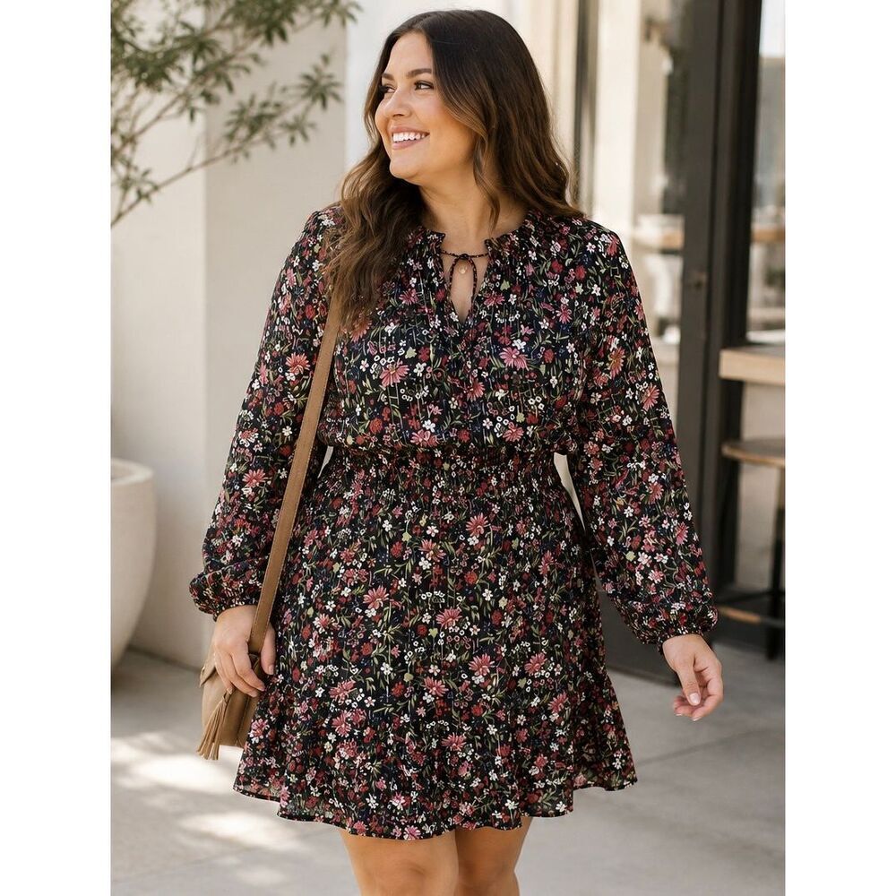Old Navy Waist Defined Floral Shine Boho Ruffled Mini Dress XXL Tall Black